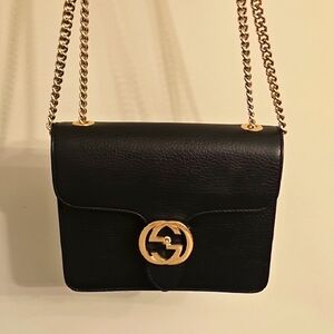 Authentic Gucci Interlock Black Crossbody Bag with Gold Accents